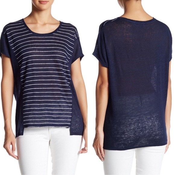 Vince Stripe Cocoon Linen Tee S Small Navy Blue Loose Fit Scoop Neck - Picture 1 of 6